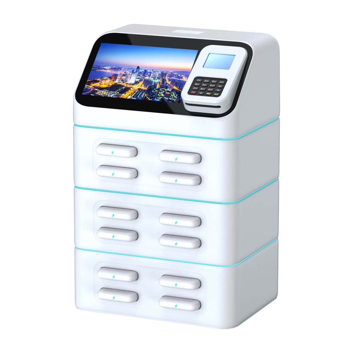 ZapBay station: a white stacked unit of powerbank slots with a touchscreen and card reader on top